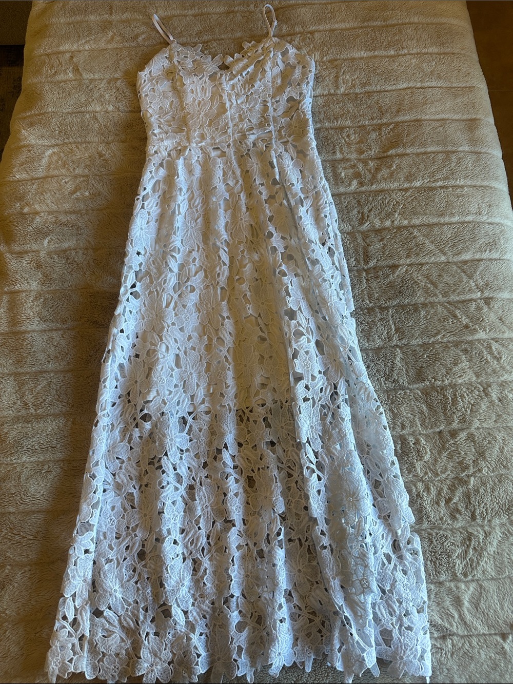 Express White Floral Lace Maxi Dress with Spaghetti Straps